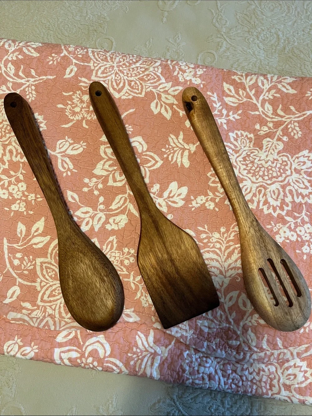 Wooden Kitchen Utensils-Set of 3-Natural Brown Spoon, Spatula, Slotted Spoon
